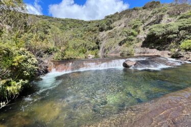 poço de uma pequena cachoeira com vegetação ao fundo, imagem de uma cachoeira no parque nacional do caparaó